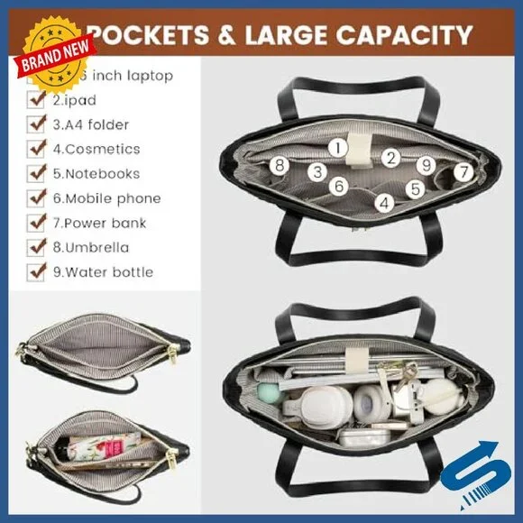 15.6 Inch Diamond Quilted Laptop Tote Bag with 13 Pockets & Clutch - Picture 4 of 7